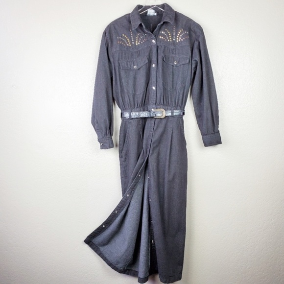 Vintage Studded Button Down Boho Maxi Belted Dress Wesrern Cowgirl Festival Rare - Picture 5 of 16